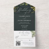 Rustic Olive Branch Dark Green Wedding All In One Uitnodiging (Binnen)