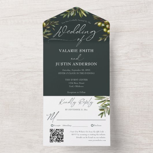 Rustic Olive Branch Dark Green Wedding All In One Uitnodiging (Binnen)