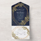 Rustic Olive Branch Gold Lijst Navy Blue Wedding All In One Uitnodiging (Binnen)
