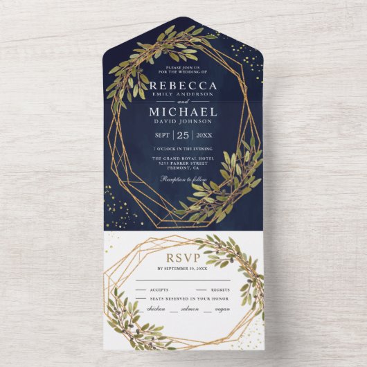 Rustic Olive Branch Gold Lijst Navy Blue Wedding All In One Uitnodiging (Binnen)
