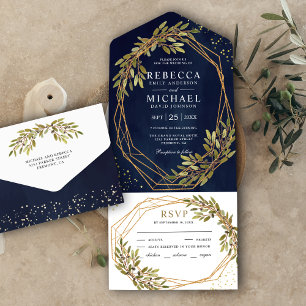 Rustic Olive Branch Gold Lijst Navy Blue Wedding All In One Uitnodiging