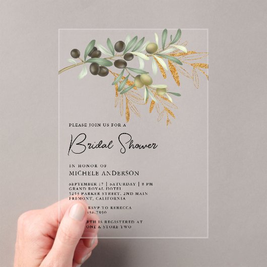 Rustic Olive Branch Leaves Bridal Shower Acryl Uitnodigingen (Insitu (Draagbaar))