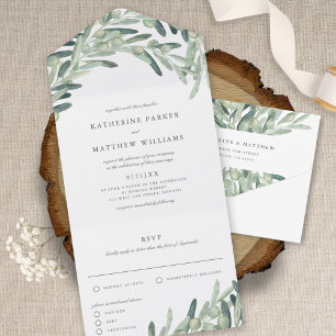 Rustic Olive Branch Waterverf Wedding All In One Uitnodiging
