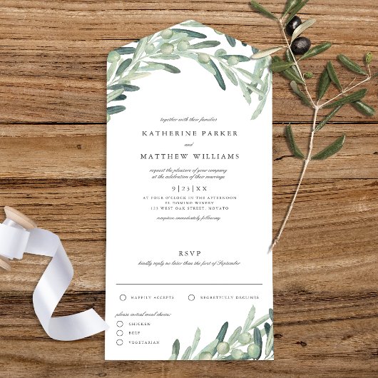 Rustic Olive Branch Waterverf Wedding All In One Uitnodiging