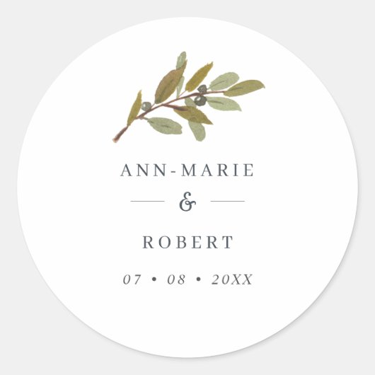 Rustic Olive Branch Wedding Names Ronde Sticker (Voorkant)