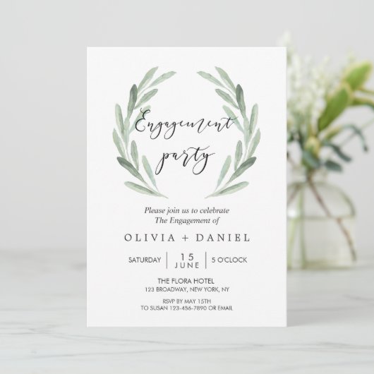 Rustic Olive Branch Wreate Engagement Party Kaart (Staand voorkant)