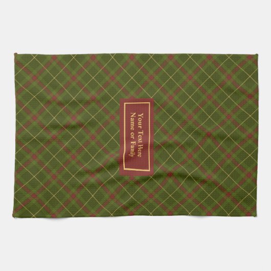 Rustic Olive Green Fall Tartan Towel Custom Name Theedoek (Horizontaal)