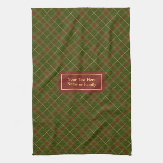 Rustic Olive Green Fall Tartan Towel Custom Name Theedoek (Verticaal)