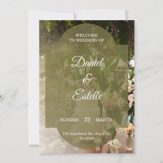 Rustic Olive Green Floral Photo Wedding Invitation Kaart (Voorkant)