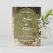 Rustic Olive Green Floral Photo Wedding Invitation Kaart (Staand voorkant)