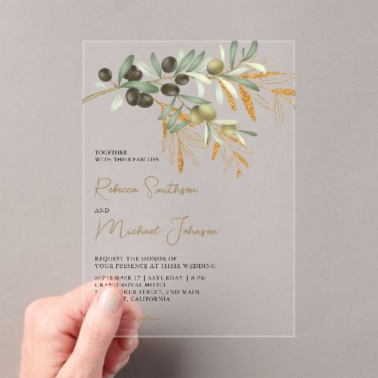 Rustic Olive Leaves Wedding Acryl Uitnodigingen (Insitu (Draagbaar))