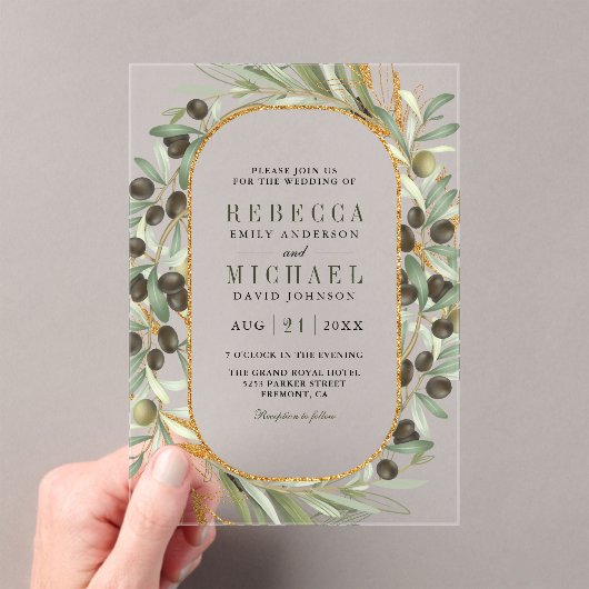Rustic Olive Leaves Wedding Acryl Uitnodigingen (Insitu (Draagbaar))