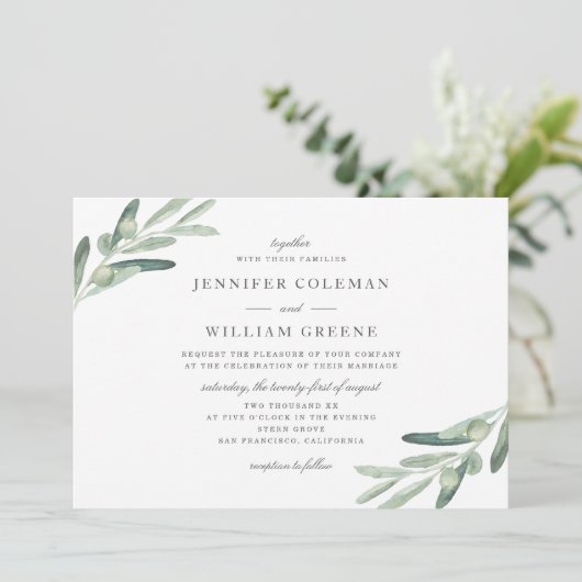 Rustic Olive Tree Watercolor Botanicals Wedding Kaart (Staand voorkant)