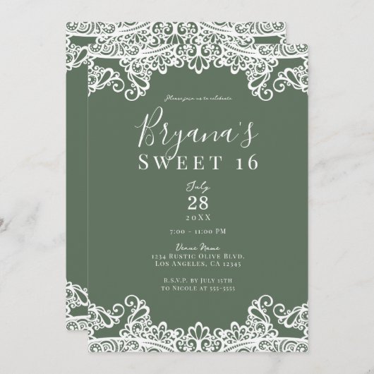 Rustic Olive & White Lace Elegant Sweet 16 Party Kaart (Voorkant / Achterkant)