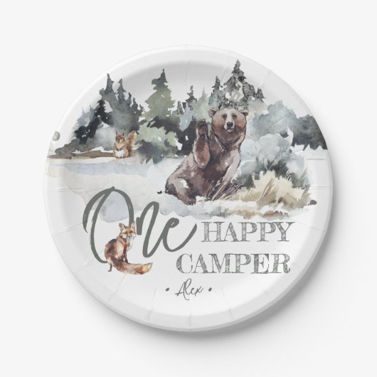 Rustic One Happy Camper Birthday Party Papieren Bordje (Voorkant)