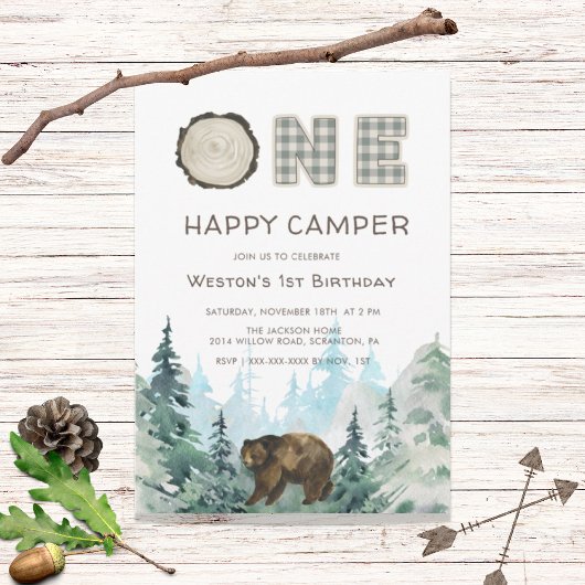 Rustic One Happy Camper Birthday Uitnodiging