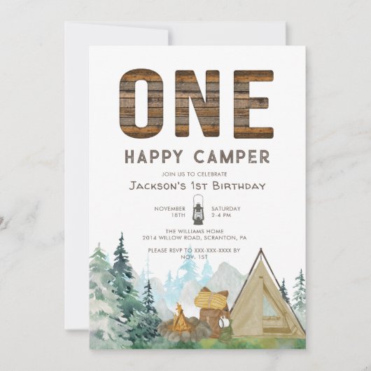 Rustic One Happy Camper Birthday Uitnodiging (Voorkant)