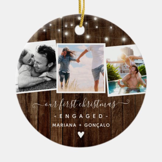 Rustic Ons eerste kerstcadeautje Foto Collage Keramisch Ornament (Voorkant)