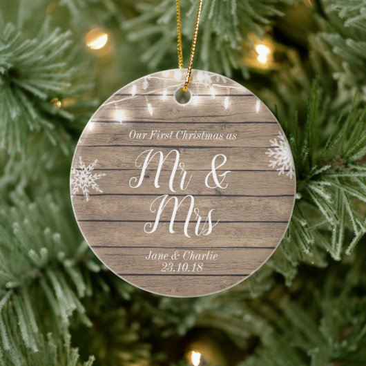 Rustic Ons eerste kerstfeest als Mr en Mrs. Keramisch Ornament (Boom)