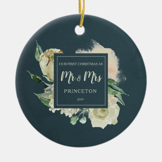 Rustic Ons eerste kerstfeest als Mr & Mrs Name Keramisch Ornament (Voorkant)