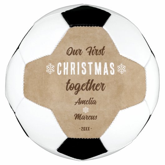 Rustic Ons Eerste Kerstfeest Samen Gepersonaliseer Voetbal (Voorkant)