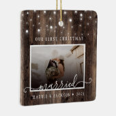Rustic Ons eerste kersthuwelijk 2 Foto Keramisch Ornament (Rechts)