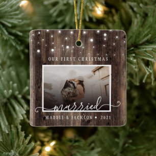 Rustic Ons eerste kersthuwelijk 2 Foto Keramisch Ornament