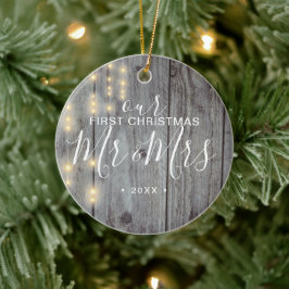 Rustic Onze Eerste Kerstmis Meneer Mevrouw Foto Keramisch Ornament