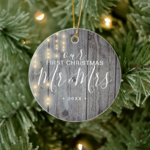 Rustic Onze Eerste Kerstmis Meneer Mevrouw Foto Keramisch Ornament