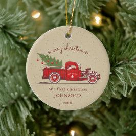Rustic Onze Eerste Kerstmis Rode Truck Naam Foto Keramisch Ornament