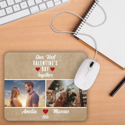 Rustic onze eerste Valentijnsdag samen 2 foto's Muismat