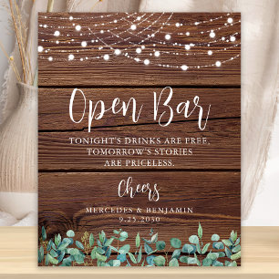 Rustic Open Bar Greenery String Lights Wedding Poster