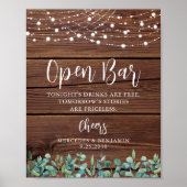 Rustic Open Bar Greenery String Lights Wedding Poster (Voorkant)