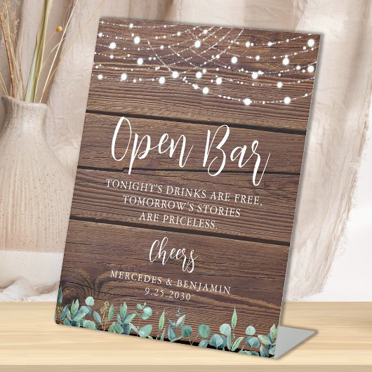 Rustic Open Bar Greenery String Lights Wedding Reclamebord Met Voetstuk