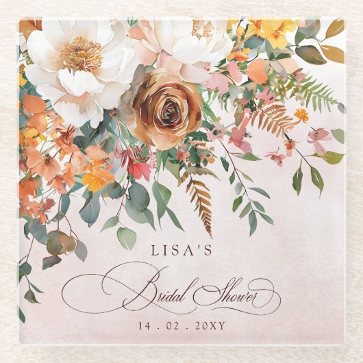 Rustic Orange Floral Fall Bridal Shower  Glazen Onderzetter (Voorkant)