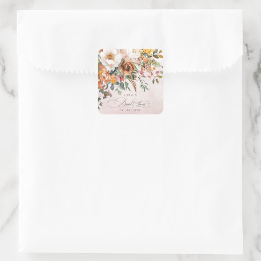 Rustic Orange Floral Fall Bridal Shower Vierkante Sticker (Tas)