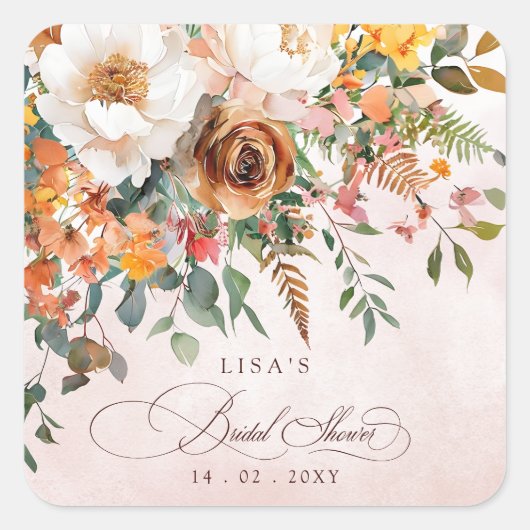 Rustic Orange Floral Fall Bridal Shower  Vierkante Sticker (Voorkant)