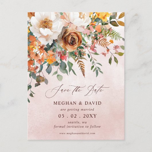 Rustic Orange Floral Fall Save the Date Aankondigingskaart (Voorkant)