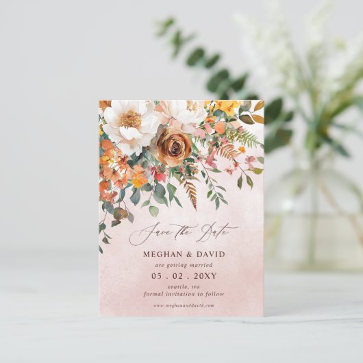 Rustic Orange Floral Fall Save the Date Aankondigingskaart (Staand voorkant)