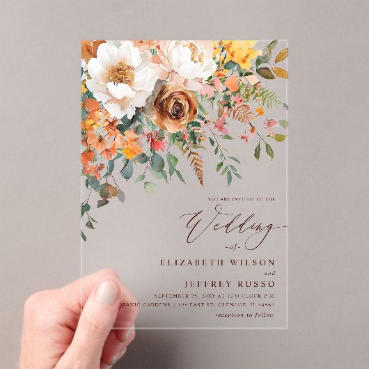 Rustic Orange Floral Fall Wedding Acryl Uitnodigingen (Insitu (Draagbaar))