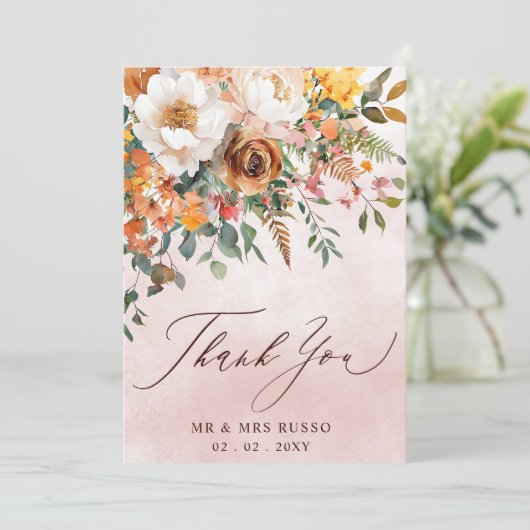 Rustic Orange Floral Fall Wedding  Bedankkaart (Staand voorkant)