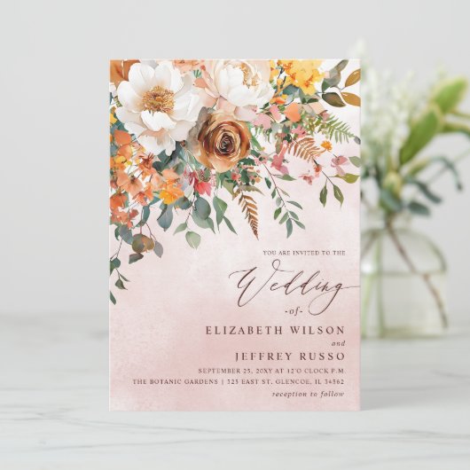 Rustic Orange Floral Fall Wedding Kaart (Staand voorkant)