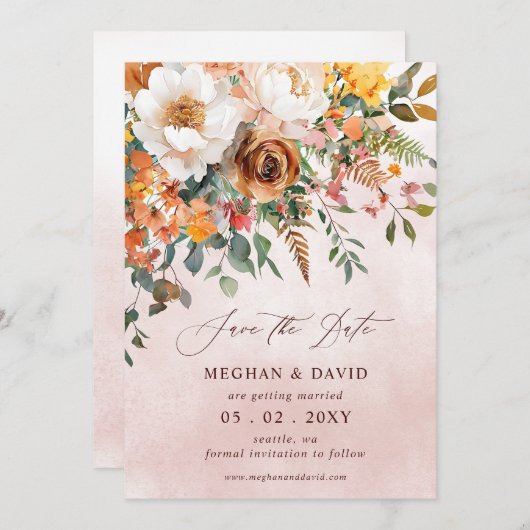 Rustic Orange Floral Fall Wedding Save The Date (Voorkant / Achterkant)