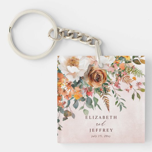 Rustic Orange Floral Fall Wedding Sleutelhanger (voorkant)