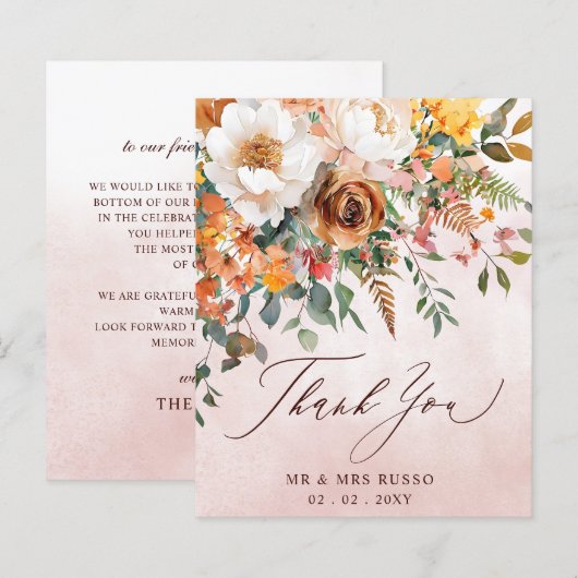 Rustic Orange Floral Fall Wedding Thank You Card (Voorkant / Achterkant)