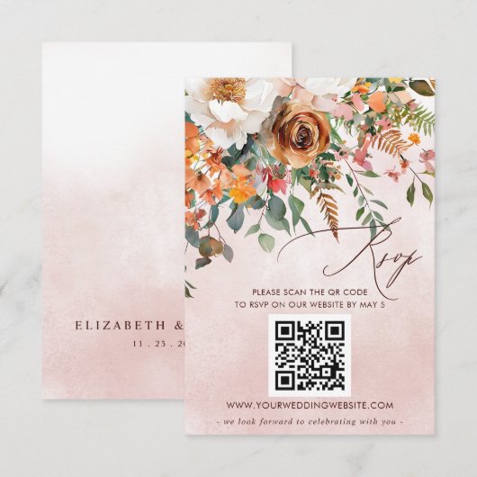 Rustic Oranje Bloemrijke Herfst Bruiloft QR CODE RSVP Kaartje (Voorkant / Achterkant)