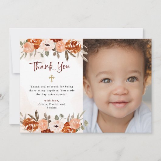 Rustic Oranje Boho | Waterverf Baptisme Foto Bedankkaart (Voorkant)