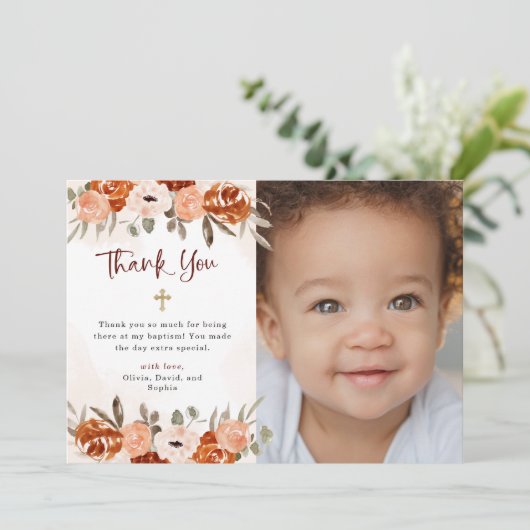 Rustic Oranje Boho | Waterverf Baptisme Foto Bedankkaart (Staand voorkant)