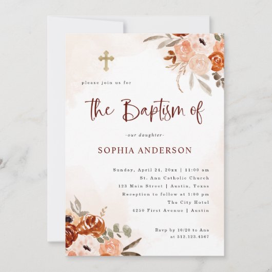 Rustic Oranje Boho | Waterverf Baptisme Kaart (Voorkant)