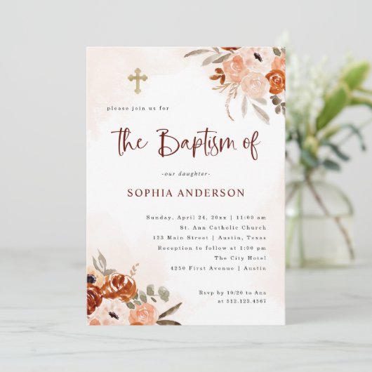 Rustic Oranje Boho | Waterverf Baptisme Kaart (Staand voorkant)